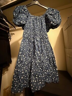 Connie Jeans Girls Cotton Blue Floral Dress – Short Puff Sleeves – Size Girls 14